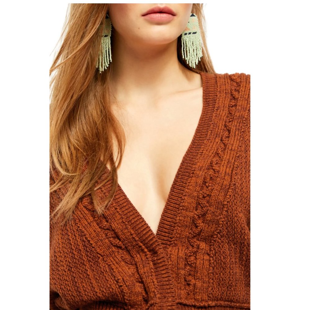 FREE PEOPLE Moon River Cropped Cardigan, Brown - Picture 7 of 10